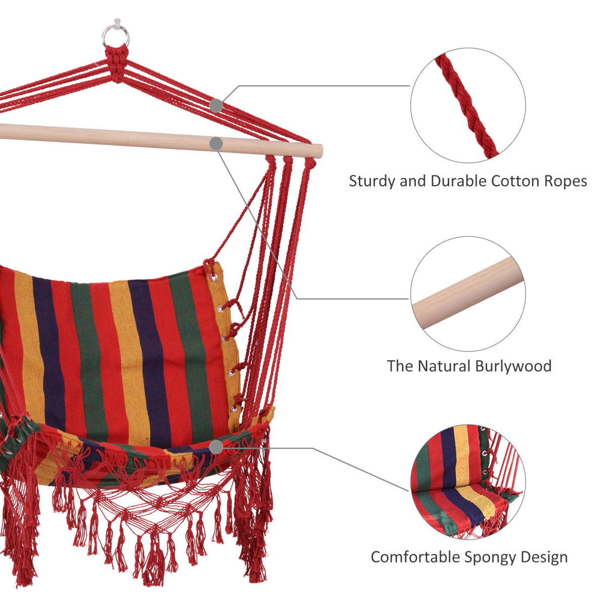 Outsunny Hammock Chair Swing with Wooden Spreader Bar & Tassels – Indoor Outdoor Hanging Seat