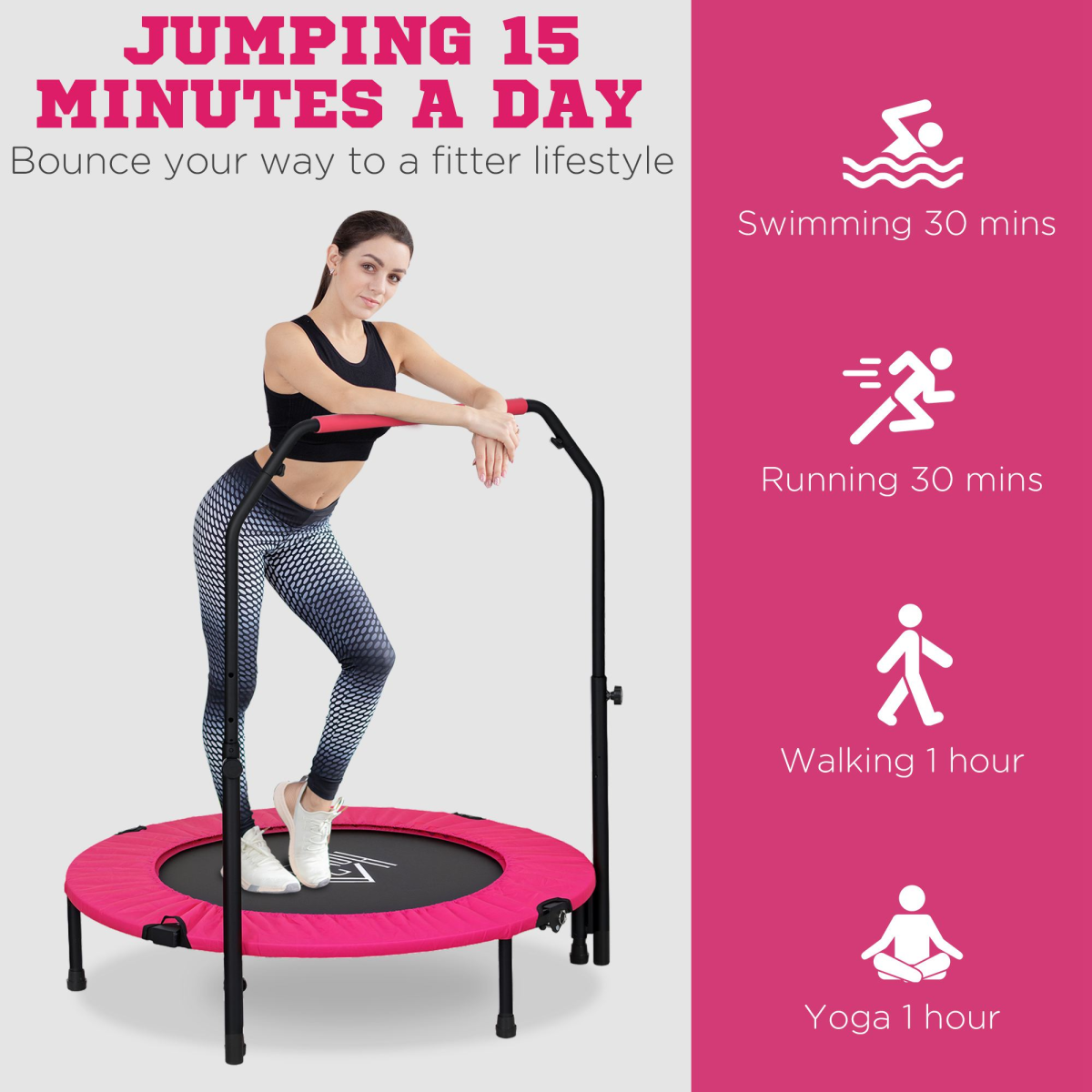 HOMCOM 40" Foldable Mini Fitness Trampoline with Foam Handle – 4-Level Adjustable Rebounder, Pink