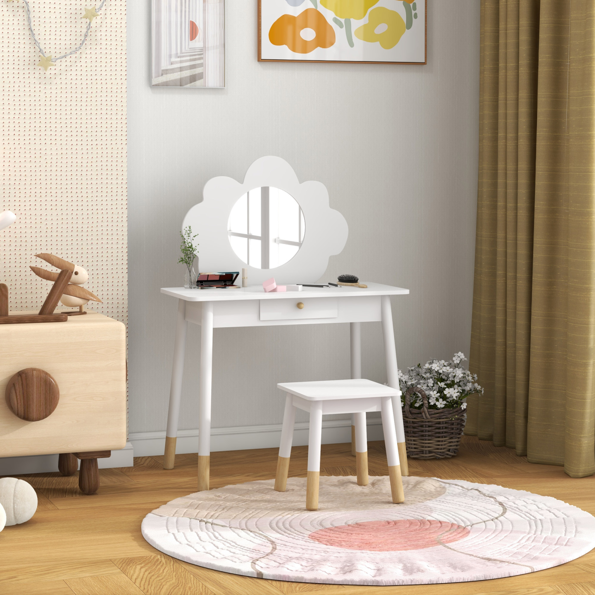 AIYAPLAY Kids Dressing Table with Mirror, Stool and Storage Drawer – Cloud Design Play Vanity Set, White
