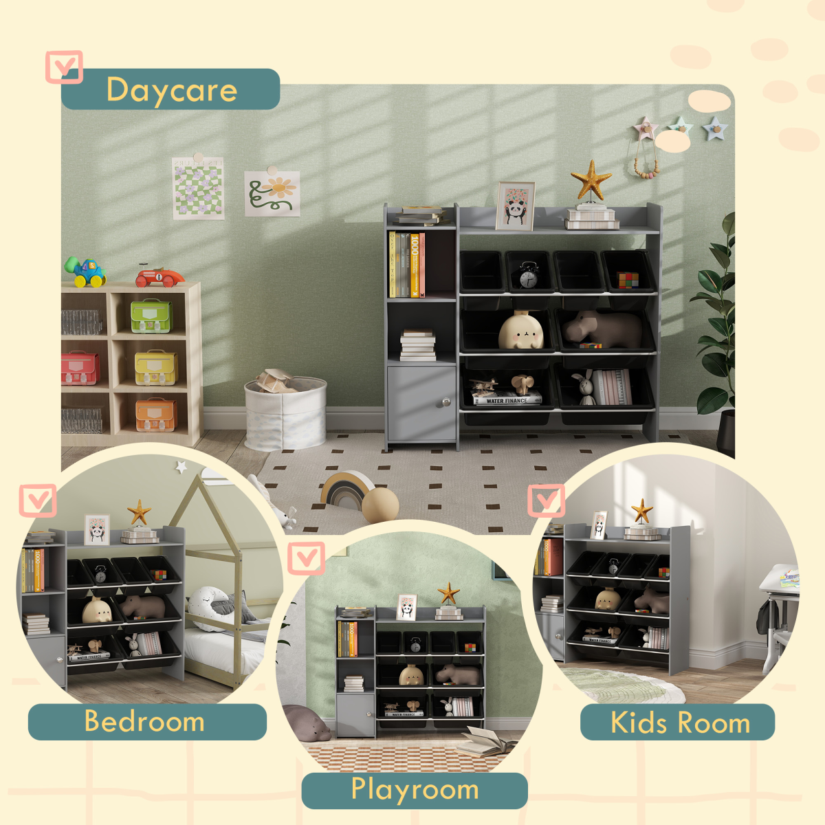 AIYAPLAY Kids Toy Storage Unit with 8 Removable Bins, Shelves & Cabinet – Grey
