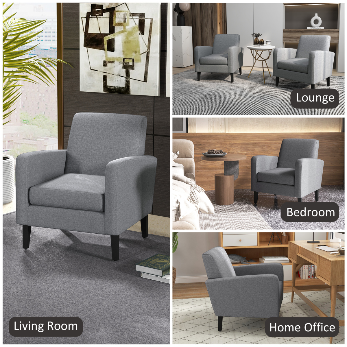 HOMCOM Linen-Look Curved Accent Armchair with Thick Cushion & Solid Wood Legs – Living Room Chair, Grey
