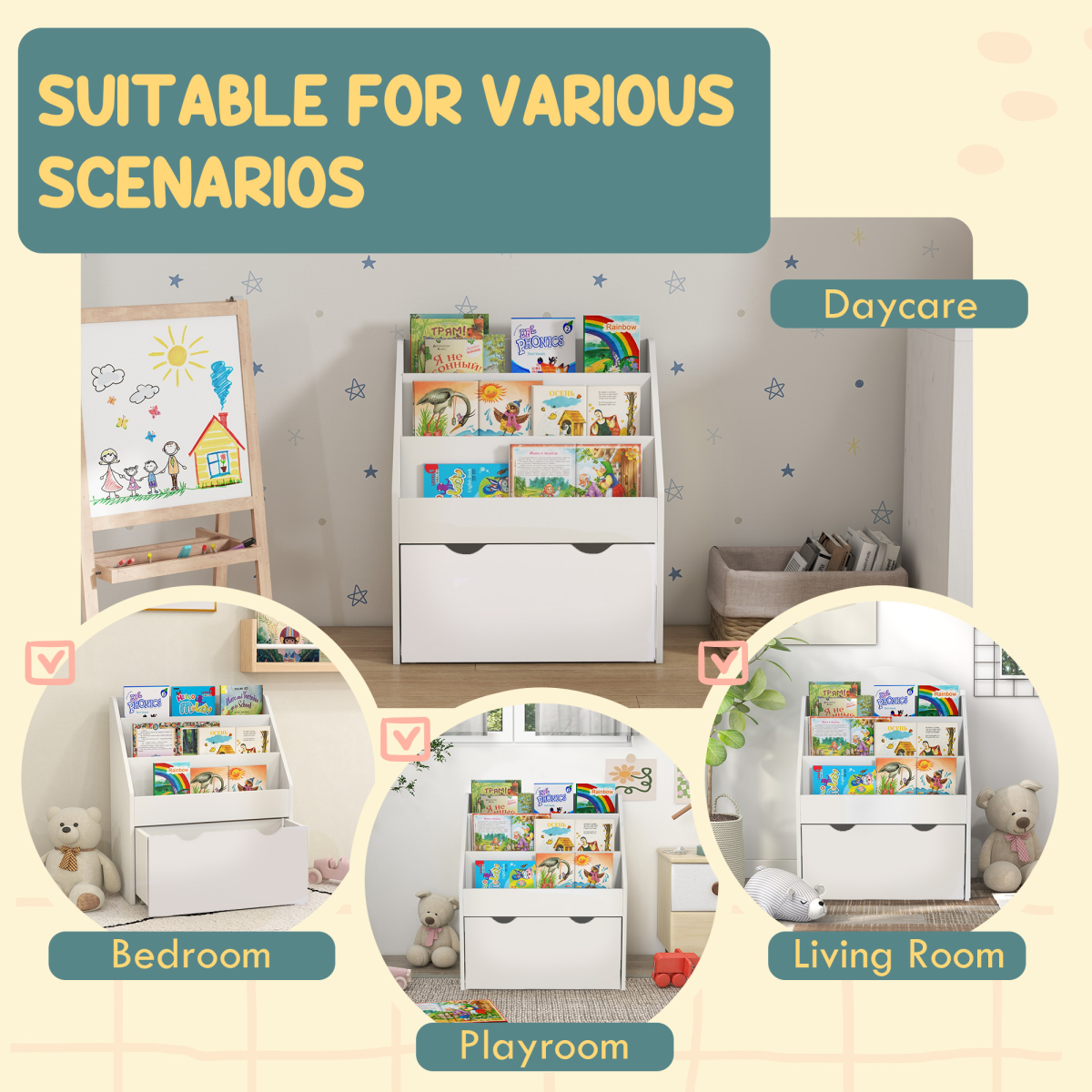 AIYAPLAY Kids Bookcase with 3 Tier Shelves & Wheeled Drawer – Toy Storage for Bedroom & Nursery, White