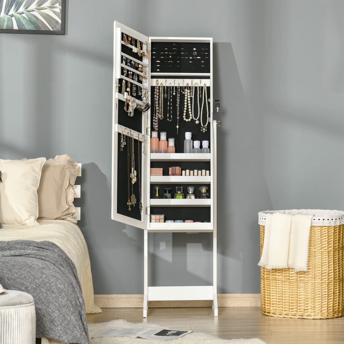 Lockable Mirrored Jewellery Cabinet with Adjustable Long Mirror, 4 Shelves & Necklace Hooks – White Armoire
