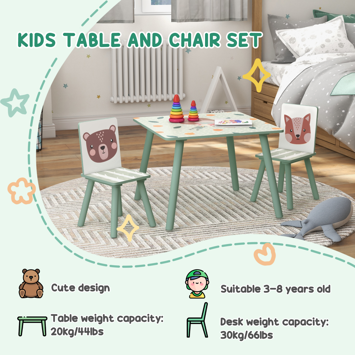 ZONEKIZ Kids Table and 2 Chairs Set with Rounded Edges – Children's Desk for Arts, Crafts & Homework, Green