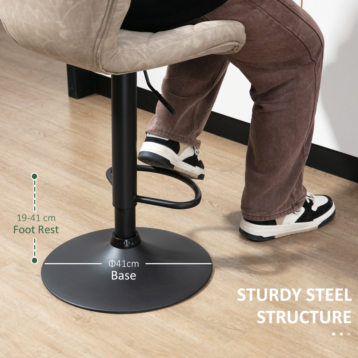 HOMCOM Set of 2 Swivel Bar Stools with Backrest and Footrest – Adjustable Height, Diamond Pattern PU, Khaki