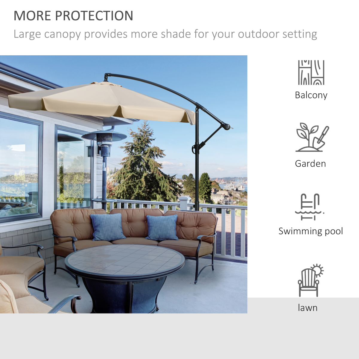 Outsunny 2.7m Cantilever Banana Parasol with Crank Handle, Vented Canopy & Cross Base – Sun Shade, Light Brown