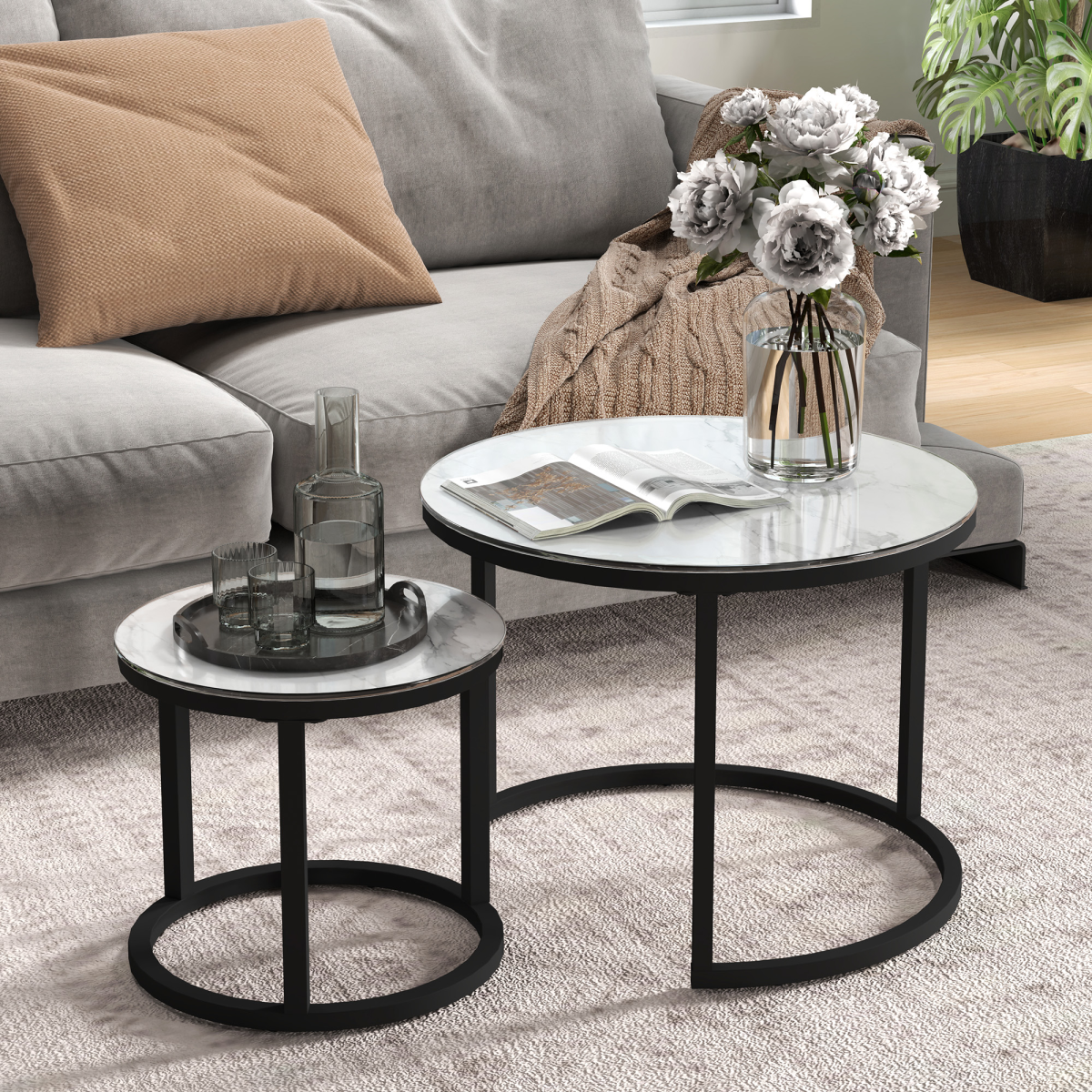 HOMCOM Glass Coffee Table Set of 2 with Marble-Effect Tempered Glass Tops – Round Nest of Tables, White, Black