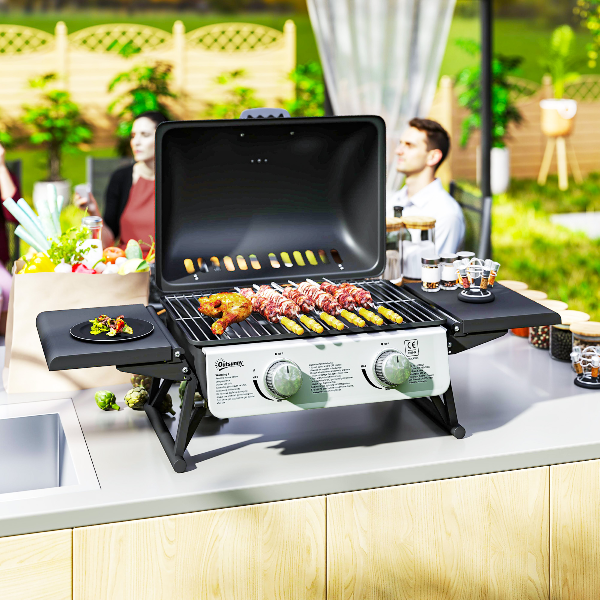 Outsunny Portable Tabletop Gas BBQ Grill with 2 Burners, Lid & Thermometer – Compact Outdoor Barbecue, Black