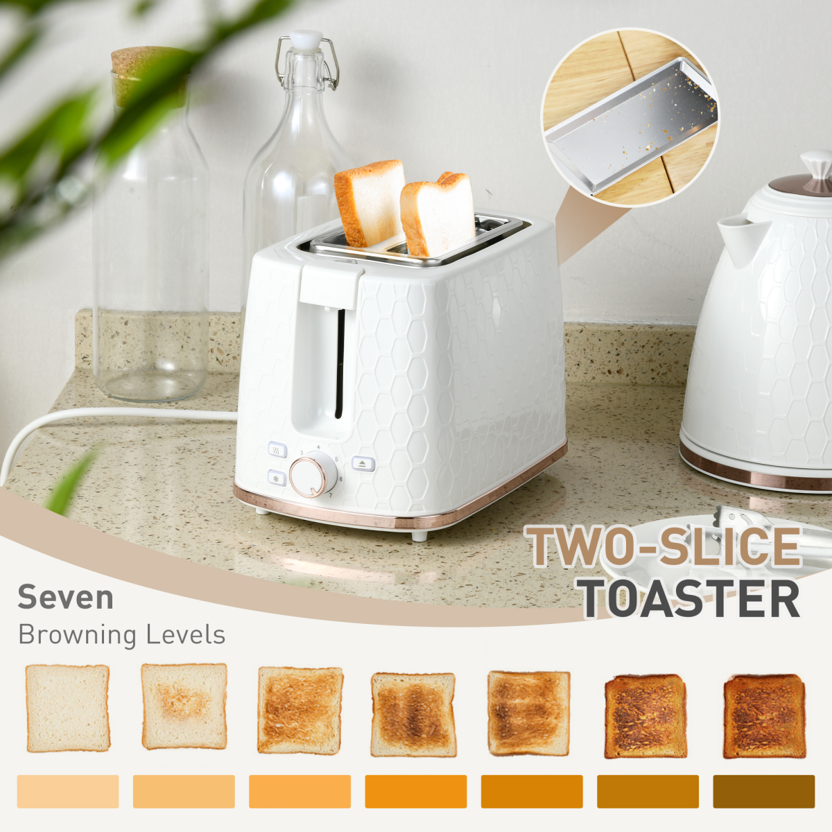 HOMCOM 1.7L Fast Boil Kettle & 2-Slice Toaster Set with 7 Browning Settings – Honeycomb Texture, White
