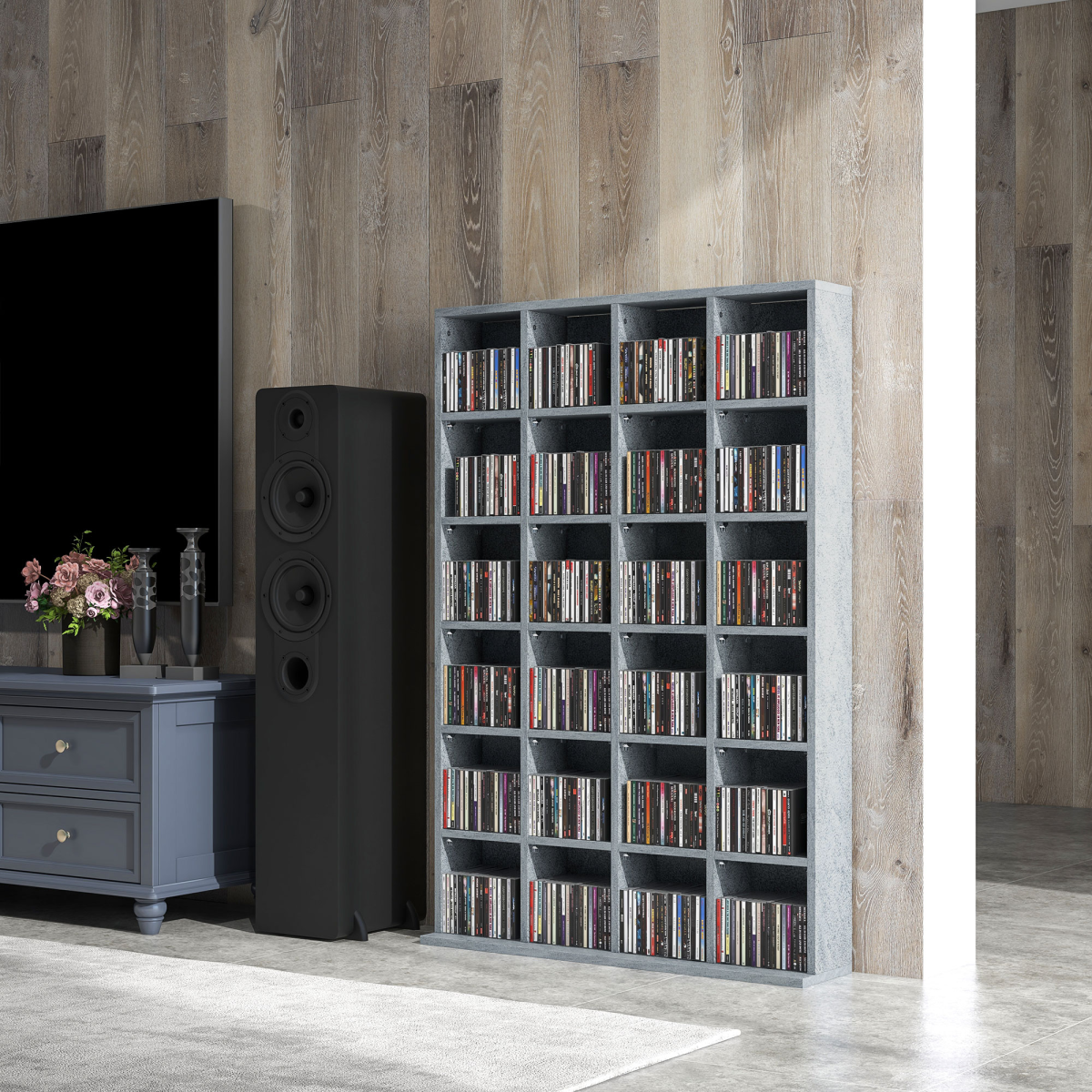 HOMCOM DVD, CD and Blu-ray Media Storage Rack – Four-Column Display Shelf Unit for Living Room, Grey