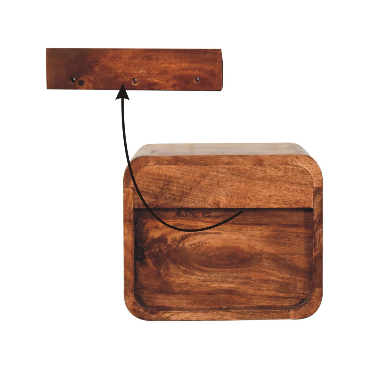 Artisan Furniture Solid Mango Wood Mini Wall Mounted Bedside Table, 1 Drawer and Open Slot, Honey Caramel