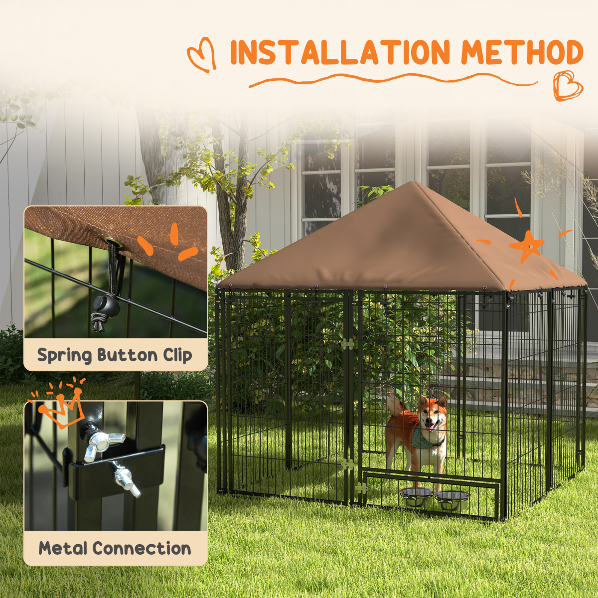 PawHut Outdoor Dog House Kennel with Canopy Top & Secure Lock, Rotating Bowl Holder – Black and Brown