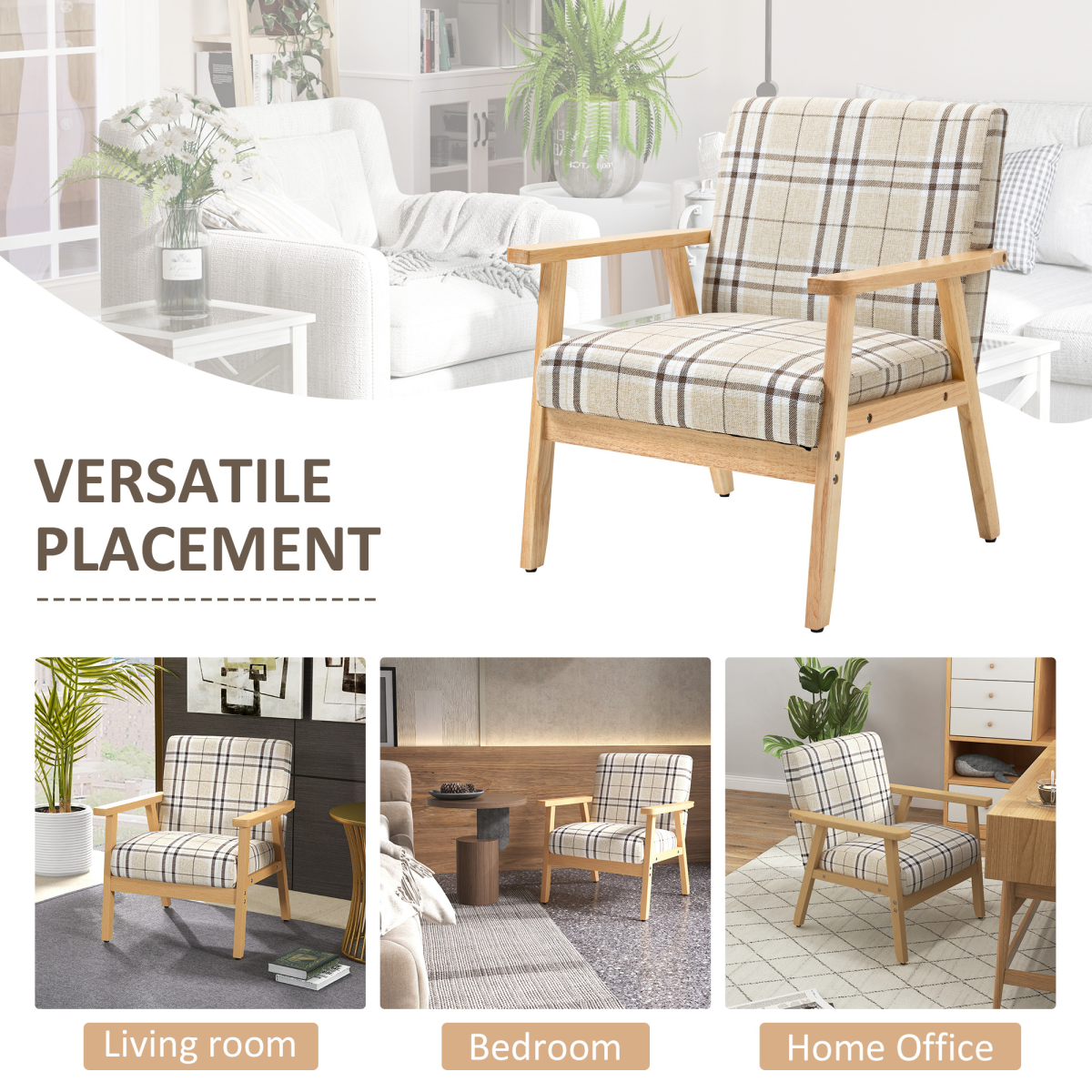 HOMCOM Modern Linen-Feel Accent Chair with Checked Seat Cushion & Open Frame – Beige