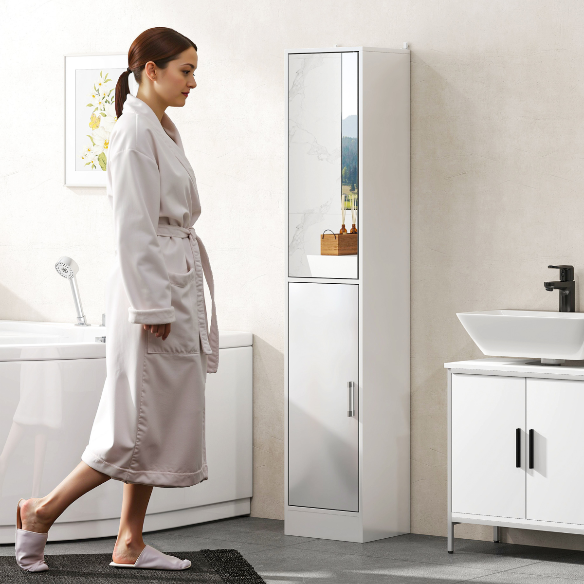 kleankin Tall Bathroom Cabinet with Mirror Door – Narrow Storage with Adjustable Shelves, High Gloss White