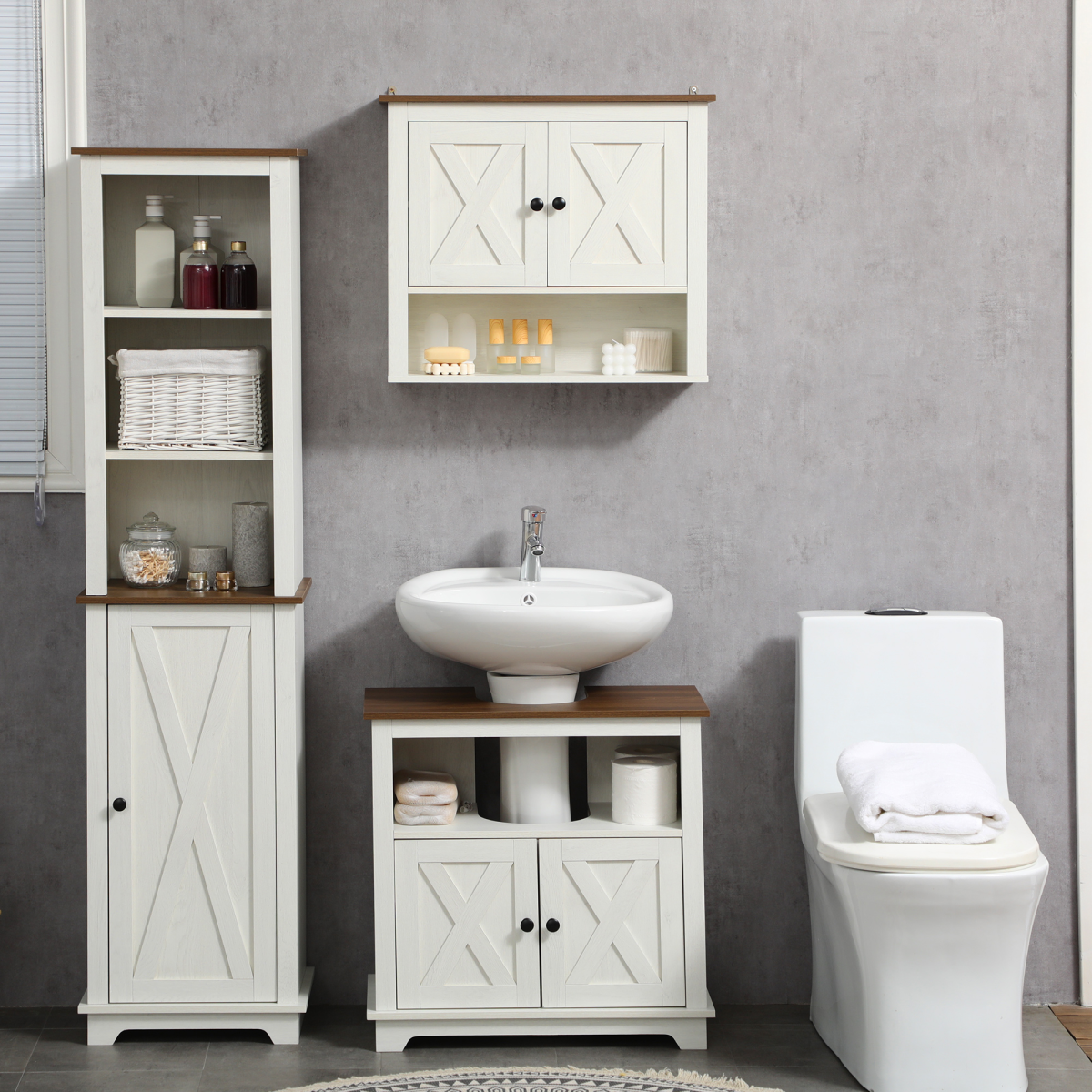 kleankin Freestanding Under Sink Bathroom Cabinet with Double Doors and Open Shelf – Farmhouse Style, White