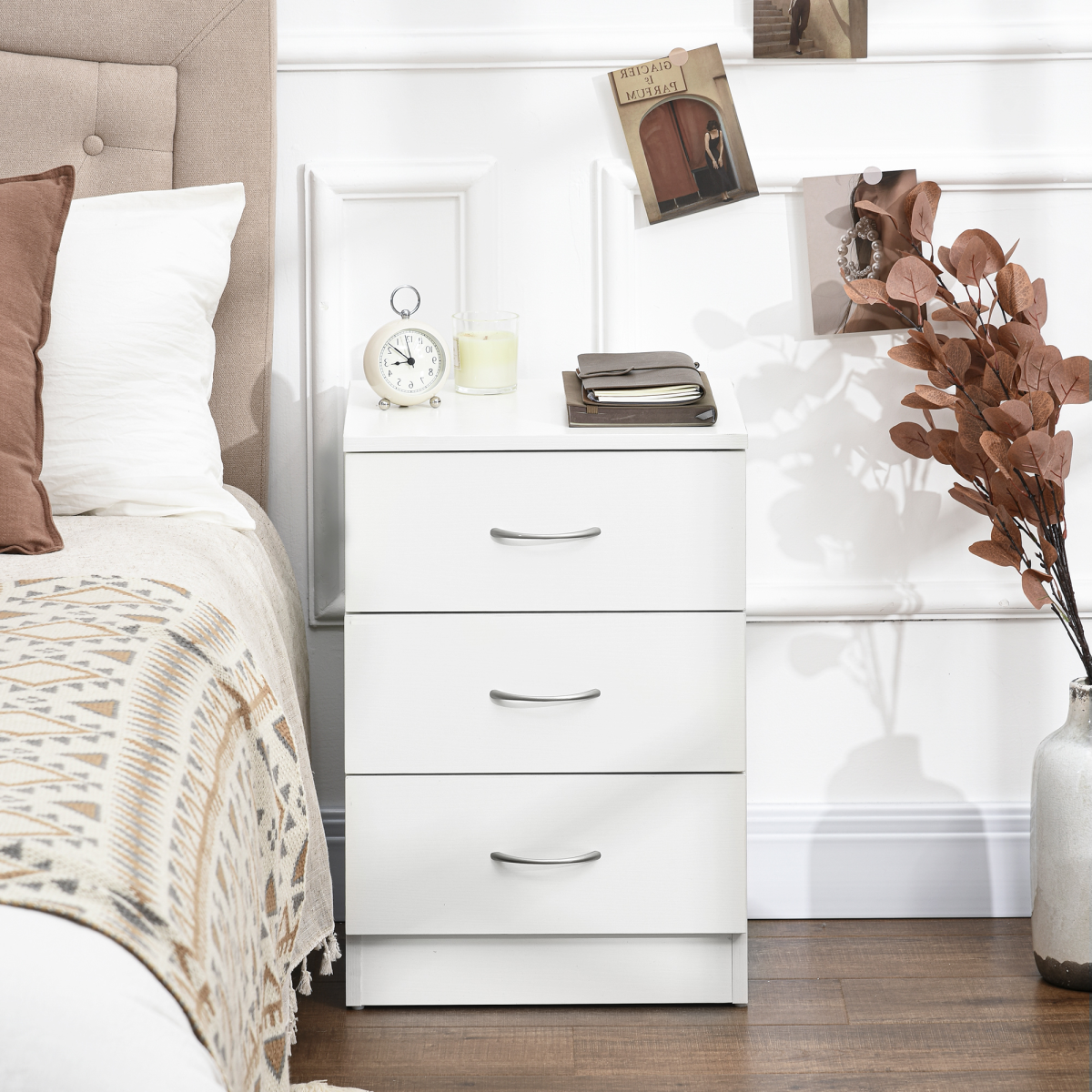 HOMCOM Modern 3 Drawer Bedside Table with Anti-Tipping Straps – Wooden Side Cabinet for Bedroom, White