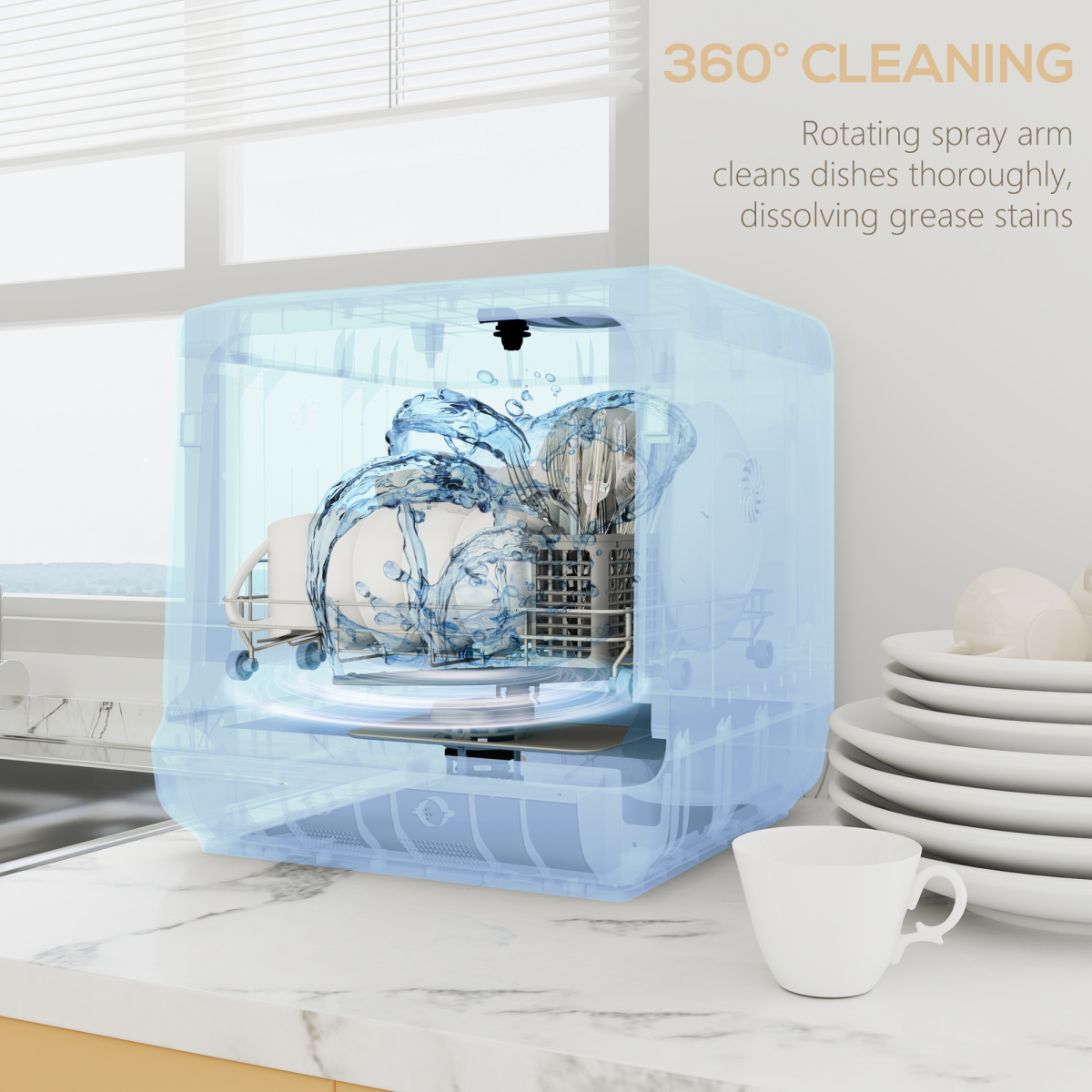 HOMCOM Worktop Dishwasher with 4 Place Settings & 6 Programs – Compact Countertop Design, Silver Tone