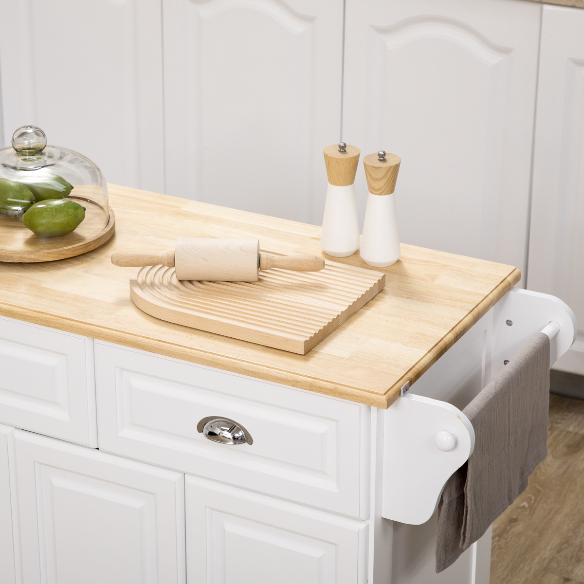 HOMCOM Kitchen Storage Trolley with Drawers, Adjustable Shelves & Wooden Top – Rolling Kitchen Island, White