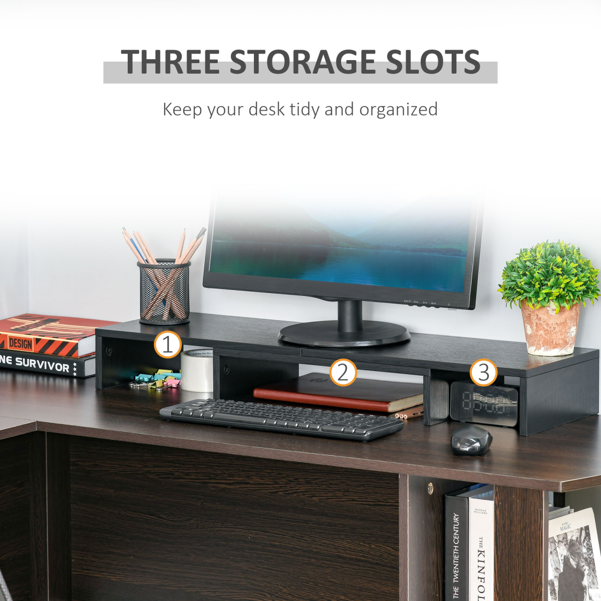 Vinsetto Monitor Stand Riser with Extendable Length 80-117cm and Three-Part Storage – Desk Shelf for Two Laptops