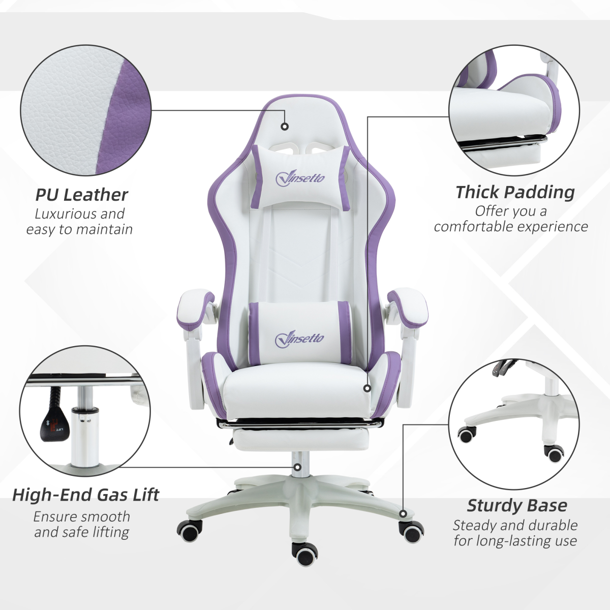 Vinsetto Racing Gaming Chair with Recline & Footrest – Headrest and Lumbar Cushions, White & Purple