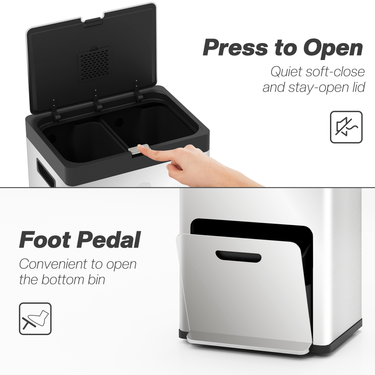 HOMCOM 56L 3-Compartment Stainless Steel Recycling Pedal Bin with Wheels – Kitchen Waste Sorter