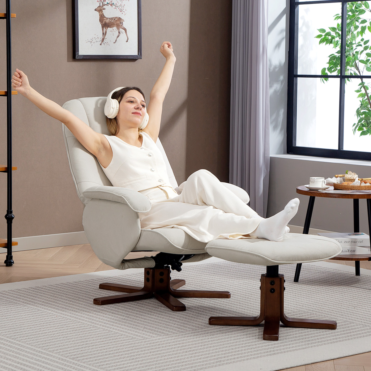 HOMCOM Swivel Recliner Chair with Footstool, 145° Reclining Back & Wooden Base – Linen-Look Armchair, Beige