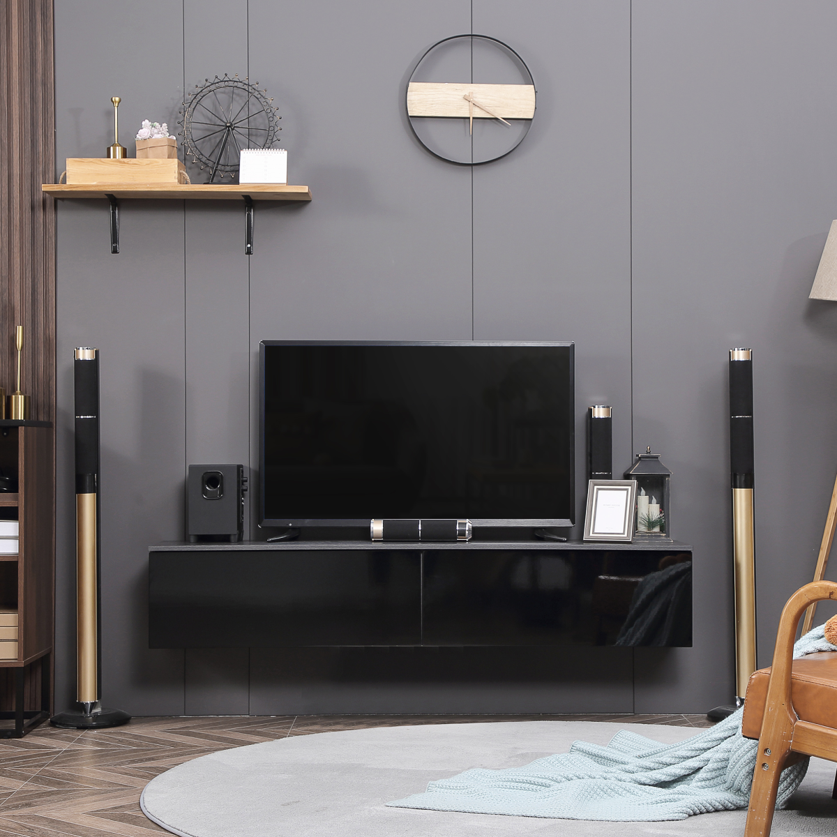 Floating Wall-Mounted TV Unit with Storage Cupboards – Cable-Hiding Media Cabinet for Living Rooms