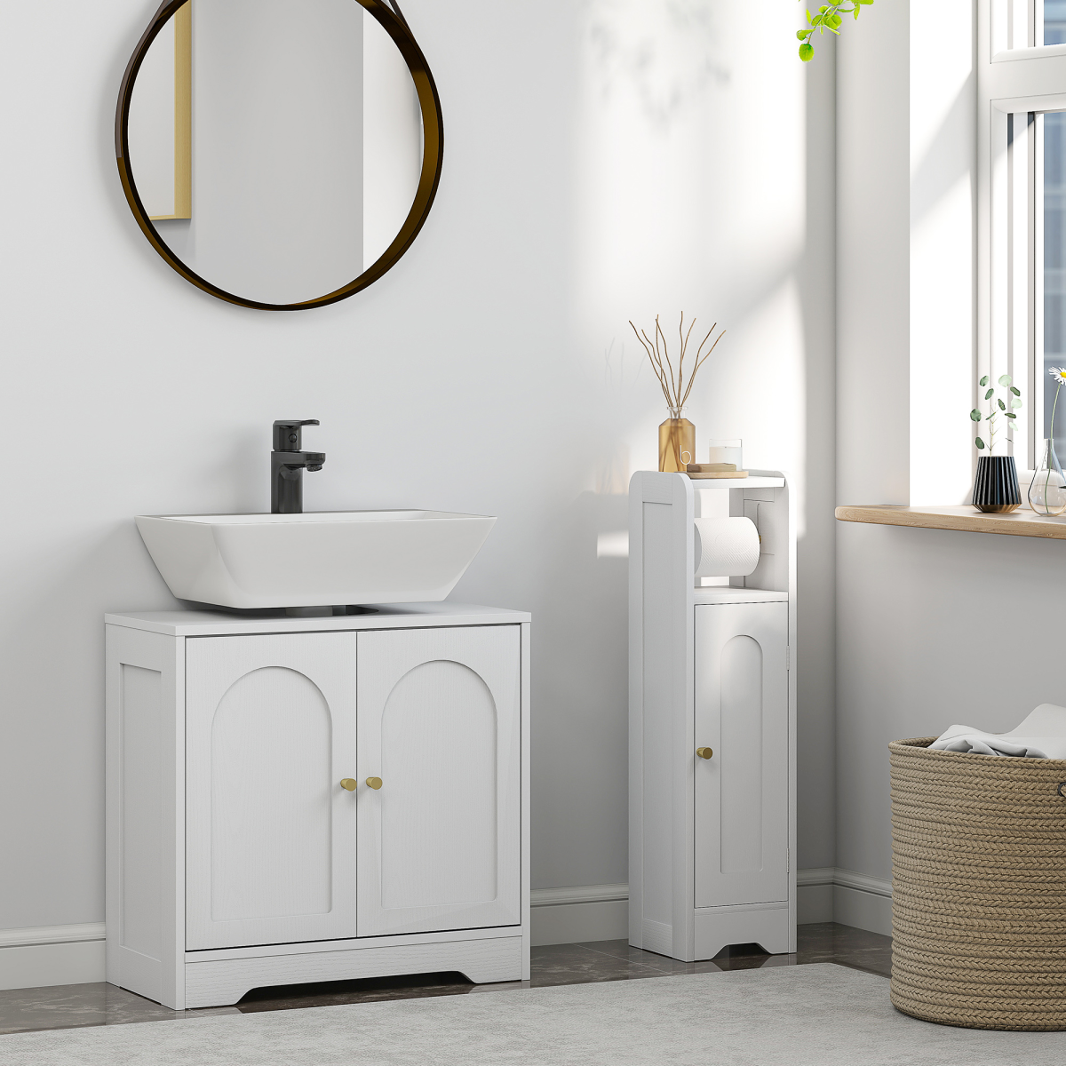 HOMCOM Modern Under Sink Cabinet with U-Shaped Cut-Out for Pedestal & Wall Basins – Bathroom Storage, White