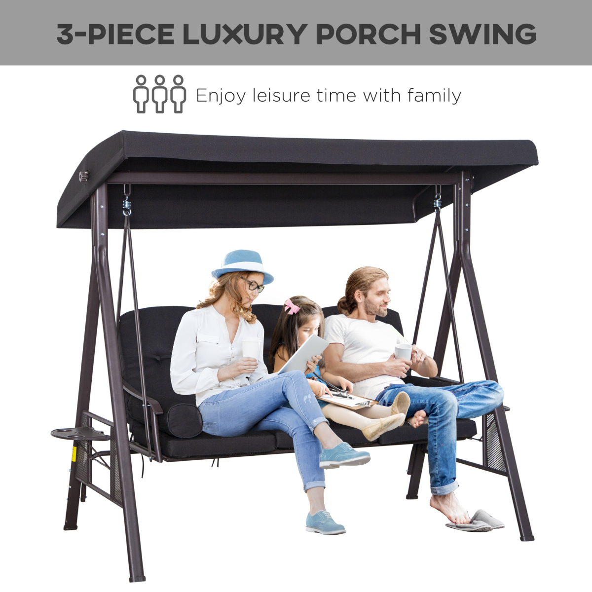 Outsunny 3-Seater Patio Swing Chair with Adjustable Canopy & Side Cup Trays – Garden Swing Bench, 360kg, Black