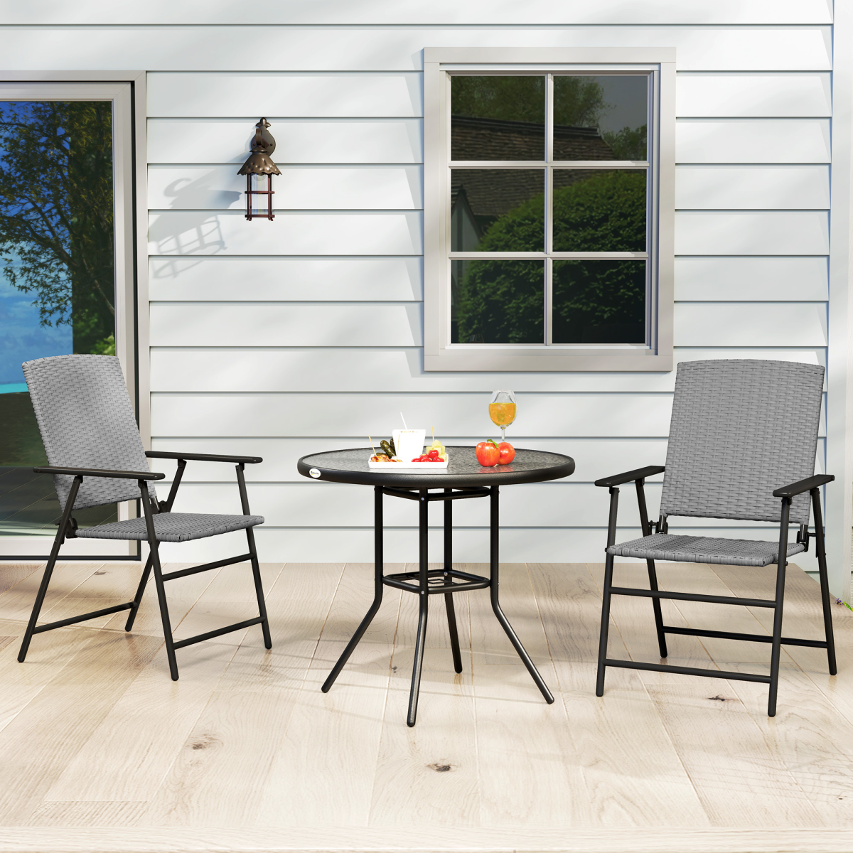 Outsunny Set of 2 Foldable Rattan Garden Chairs with Armrests and Steel Frame – Patio Seating, Grey