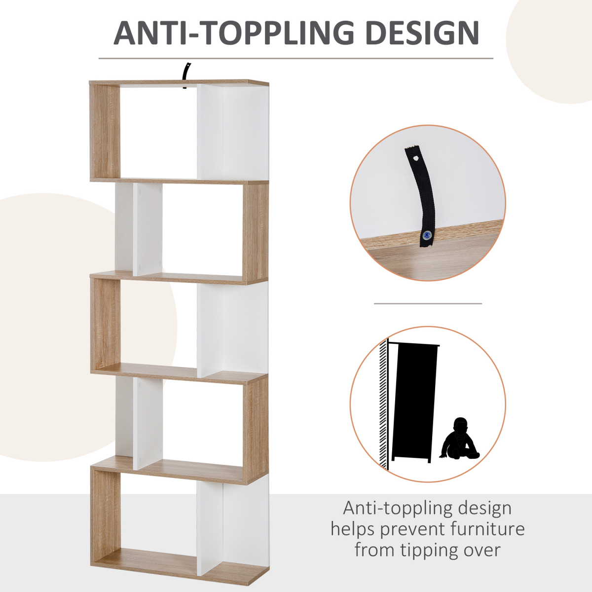 HOMCOM 5-Tier S-Shape Display Bookcase with Anti-Tipping Design – Freestanding Shelving Unit, Natural