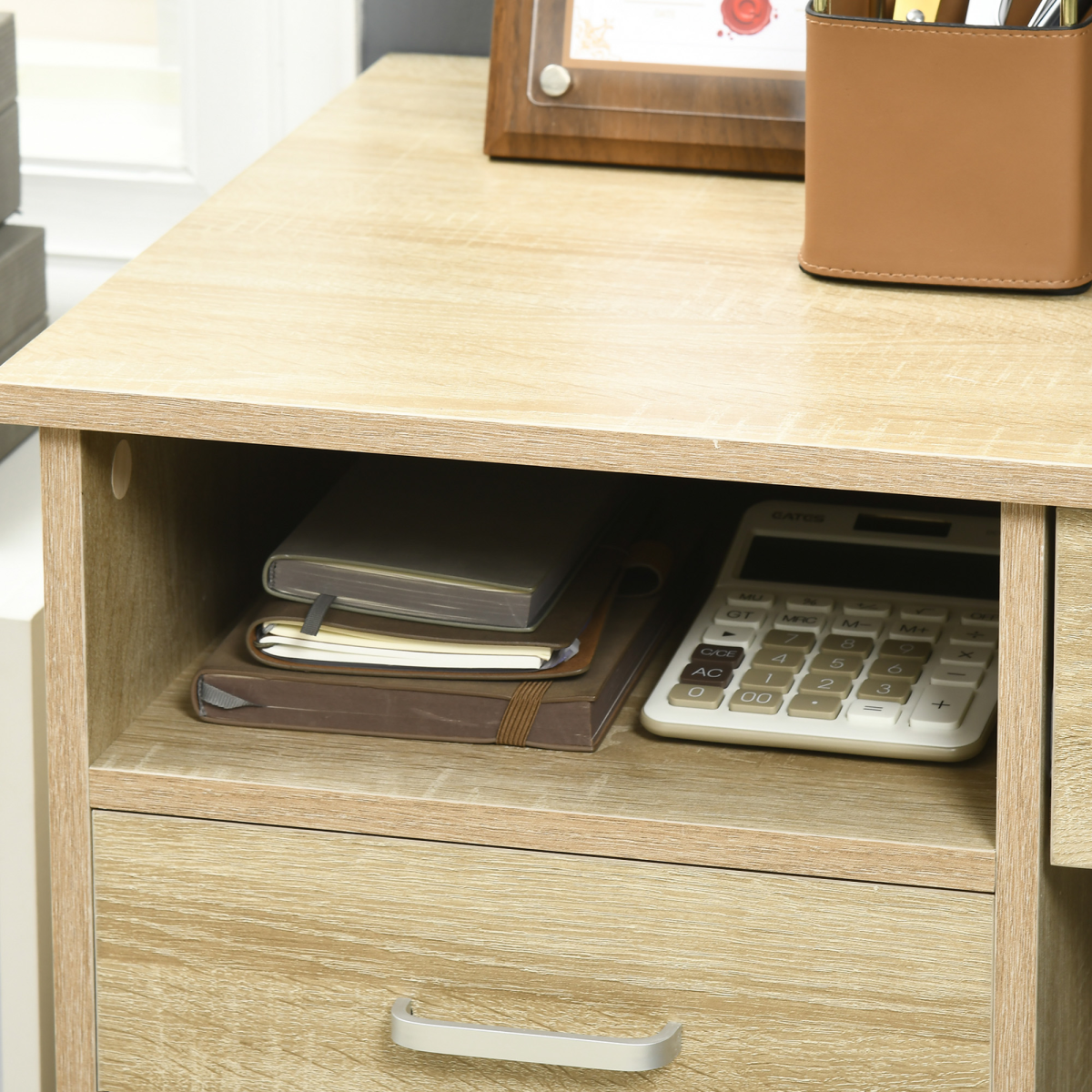Computer Writing Desk with 5 Drawers & Lockable Drawer – Oak Home Office Desk with Open Shelf