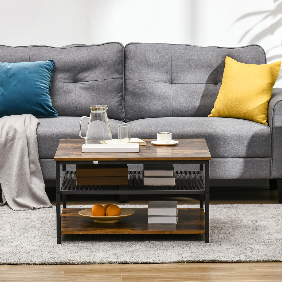 HOMCOM Industrial Coffee Table with 2 Storage Shelves – 3-Tier Living Room Cocktail Table, Rustic Brown