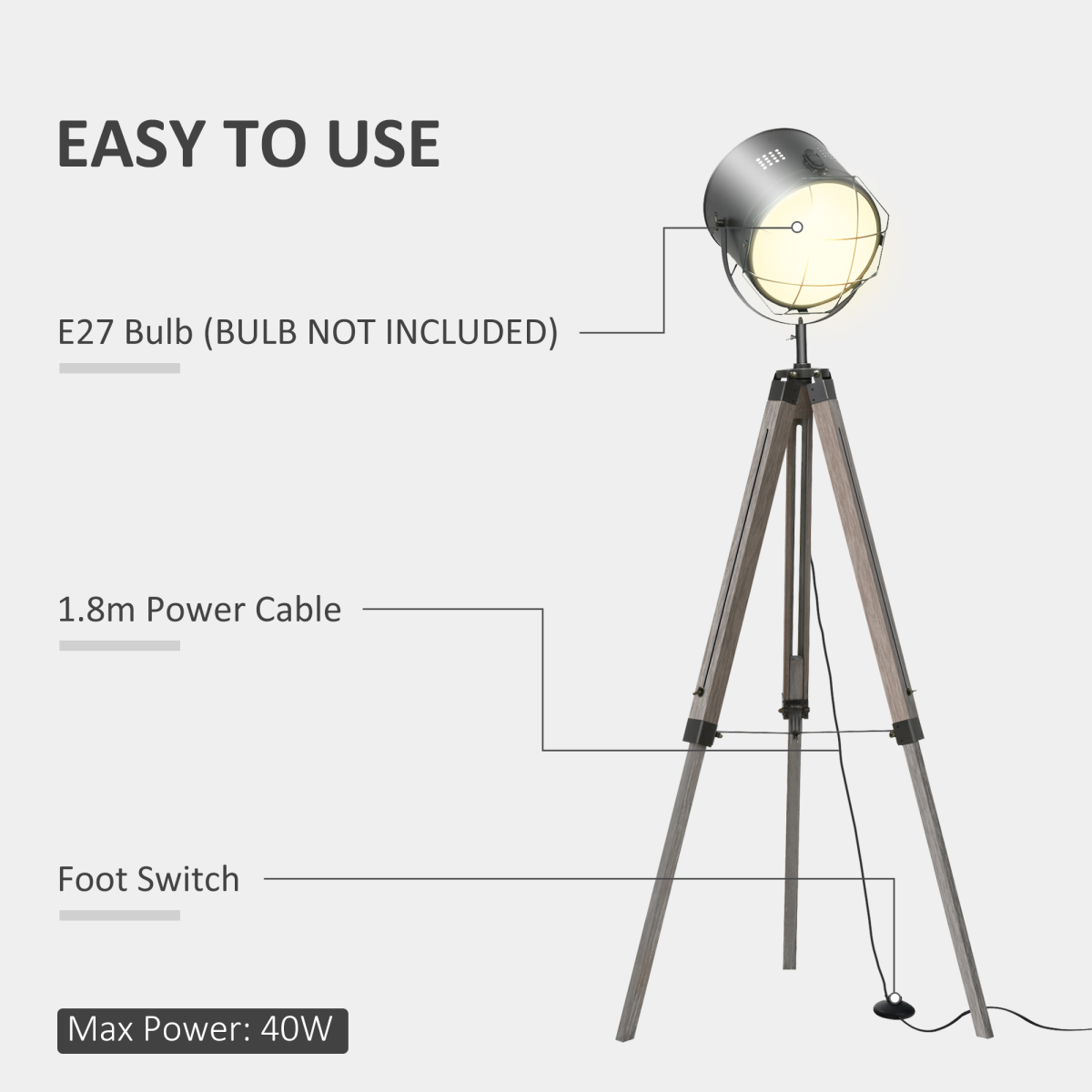 HOMCOM Pine Wood Tripod Floor Lamp with Spotlight Shade, Height Adjustable – Industrial Style, Brown