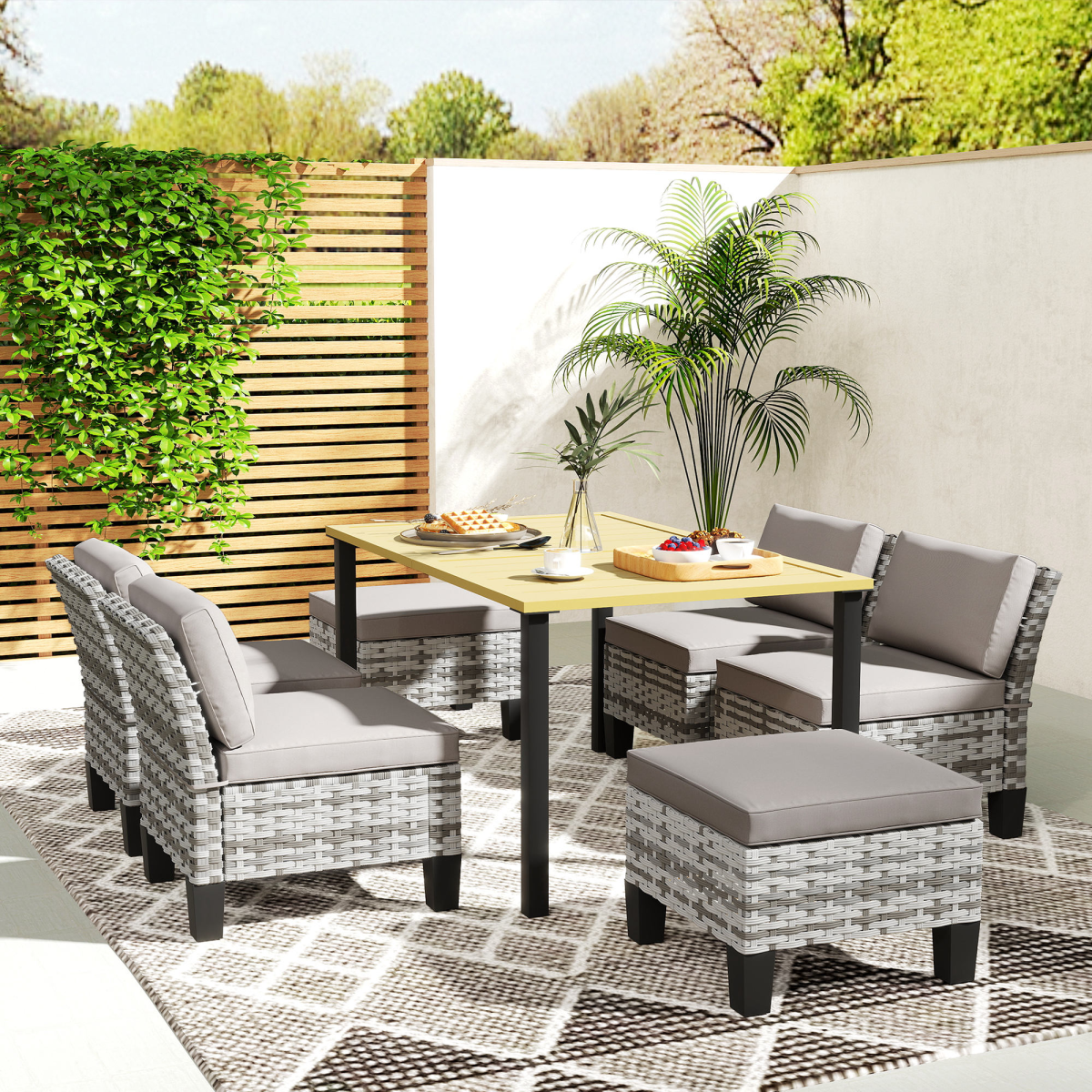 Outsunny 7 Piece Rattan Garden Dining Set with Cushions and Umbrella Hole – Outdoor Table, Chairs and Footstools, Grey