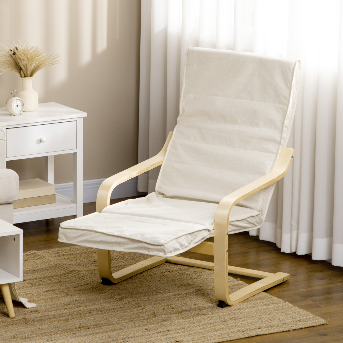 HOMCOM Lounge Armchair with 5-Level Adjustable Footrest and Padded Seat – Wooden Frame, Cream White