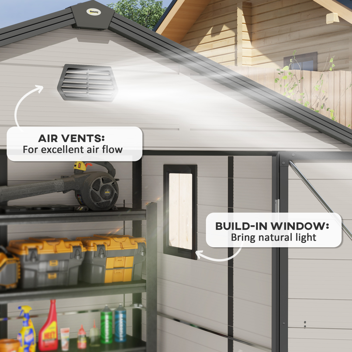 Outsunny 8 x 6ft Garden Shed with Foundation Kit, Vents and Lockable Door – Aluminium Frame, Cream White