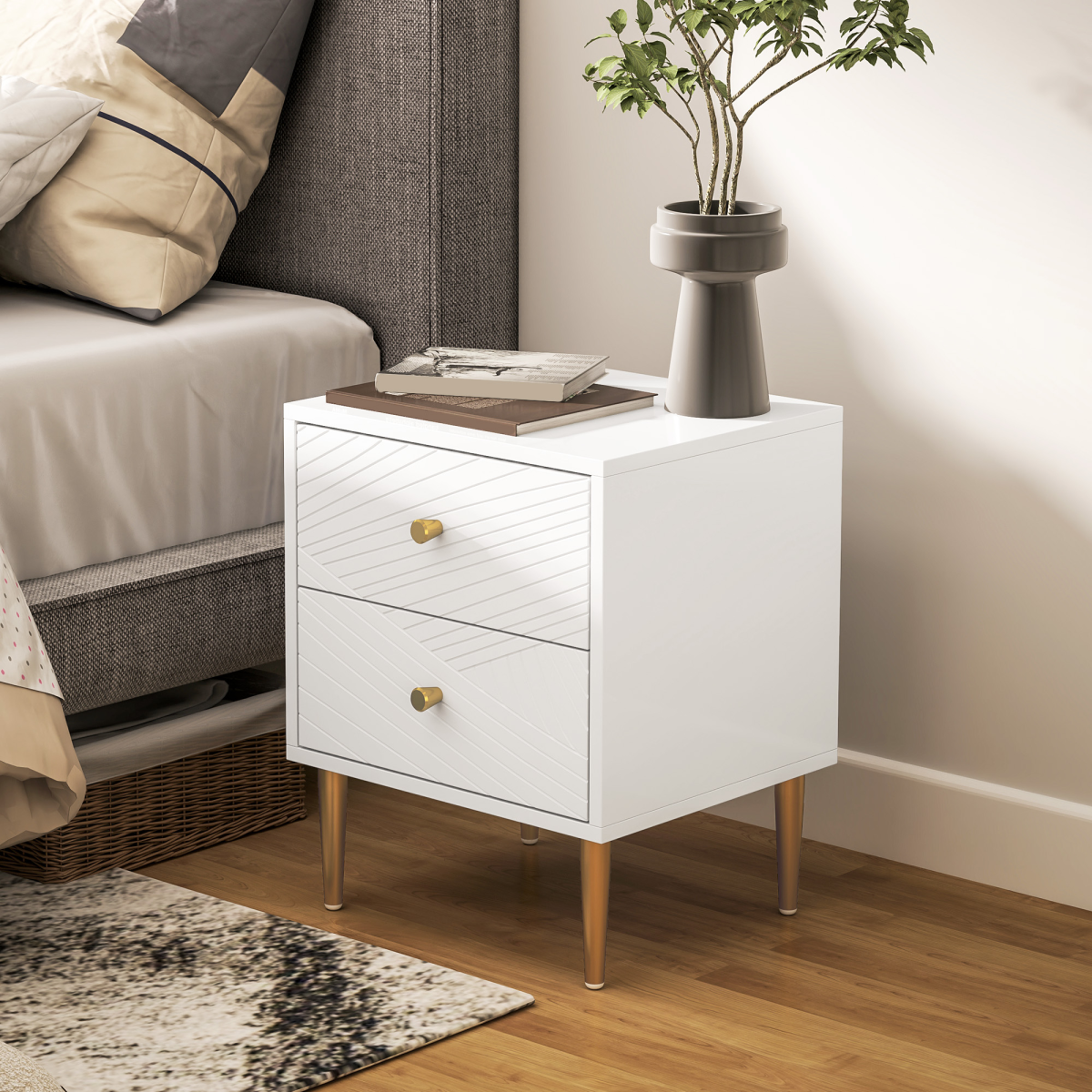 HOMCOM White Bedside Table with 2 Storage Drawers & Gold Tone Handles – Nightstand with Metal Legs