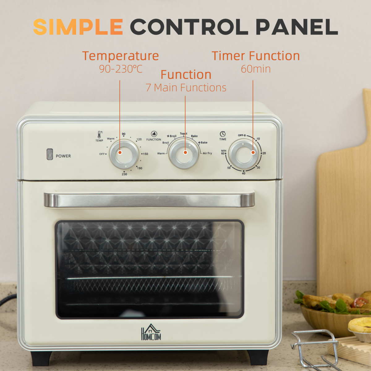 HOMCOM 7-in-1 Toaster Oven with 4-Slice Capacity, 20L, 60-Minute Timer and Air Fry – 1400W