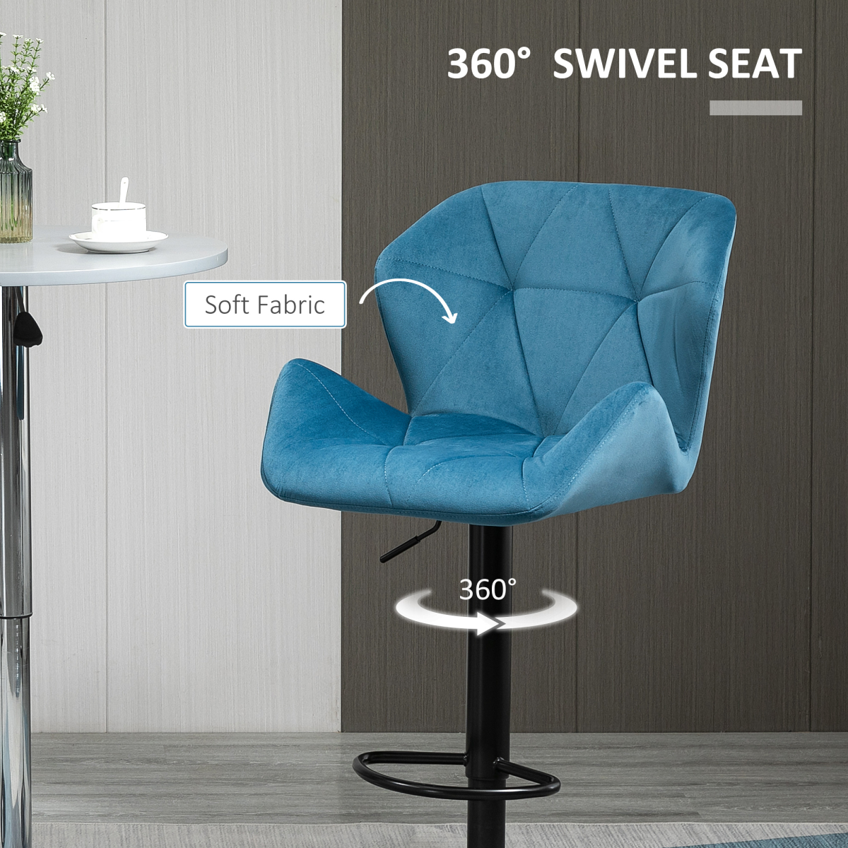 HOMCOM Set of 2 Velvet-Touch Bar Stools with Wing-Shape Seats & Metal Footrest – Kitchen Island Seating, Blue