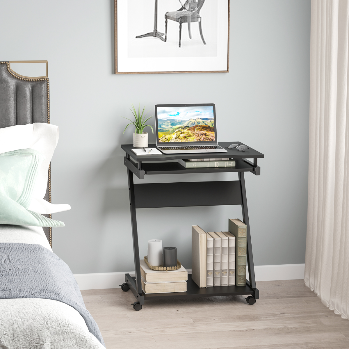 Movable Computer Desk with 4 Wheels and Sliding Keyboard Tray – Compact Home Office PC Workstation, Black