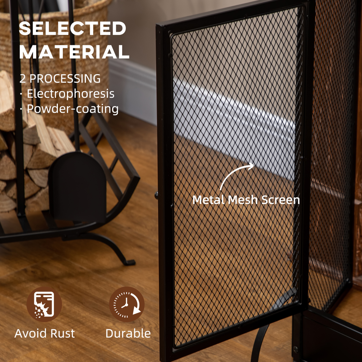 HOMCOM 3-Panel Folding Fireplace Screen with Spark Guard and Metal Mesh Fireguard – Double Access Door, Black