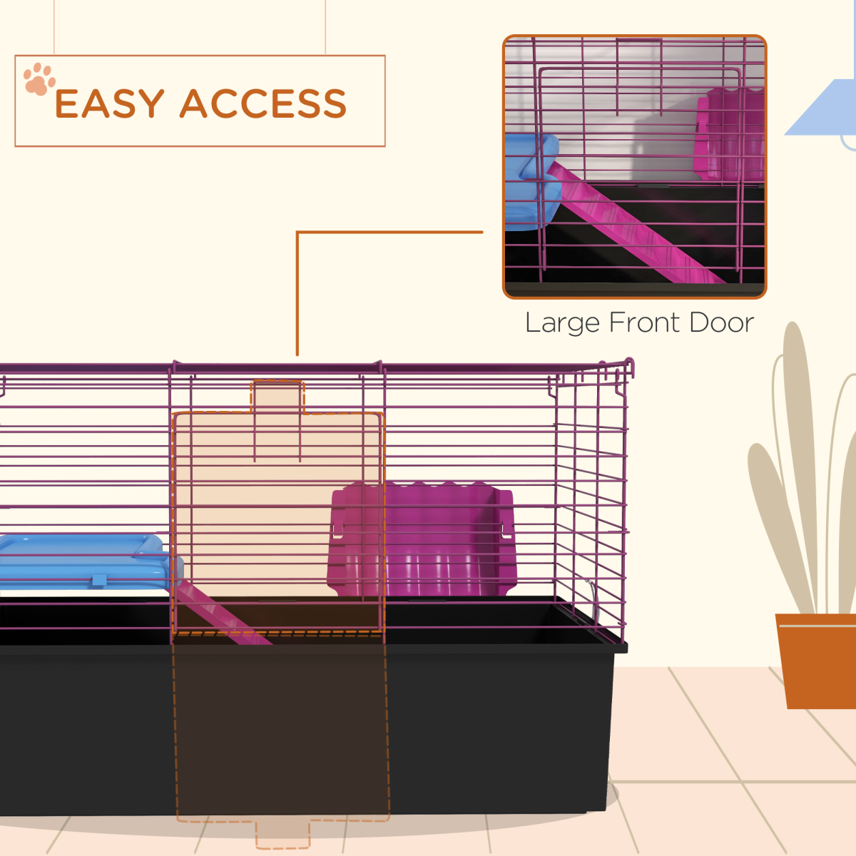 PawHut Small Animal Cage, Rabbit and Guinea Pig Hutch with Platform, Ramp and Hay Feeder – Black