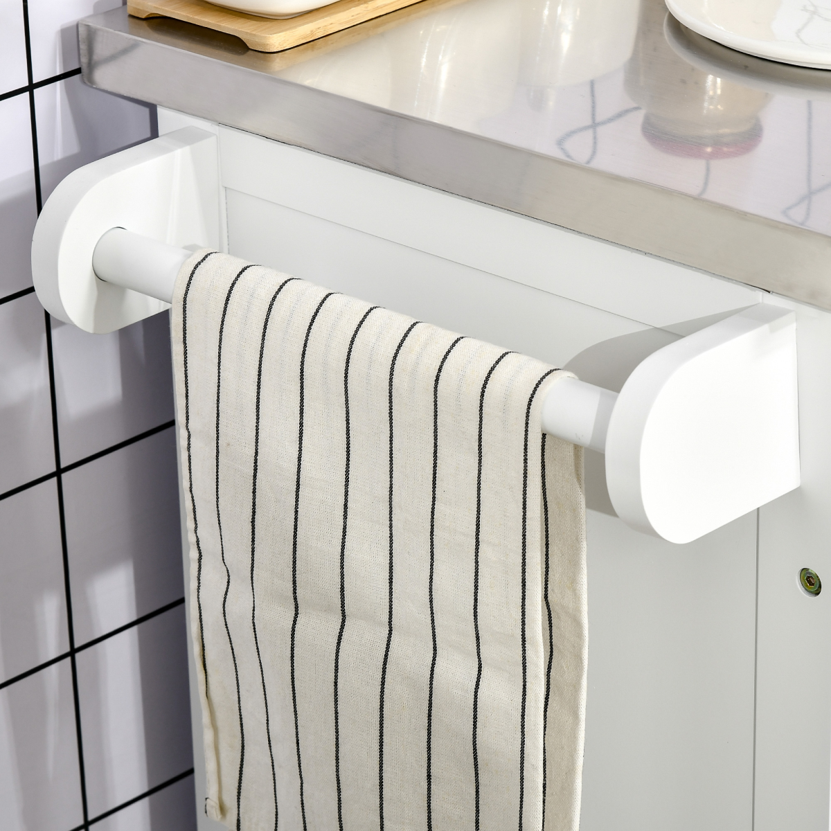Rolling Kitchen Cart with Drawer, Cabinet, Towel Rail & Knife Rack – White Steel Kitchen Storage Trolley