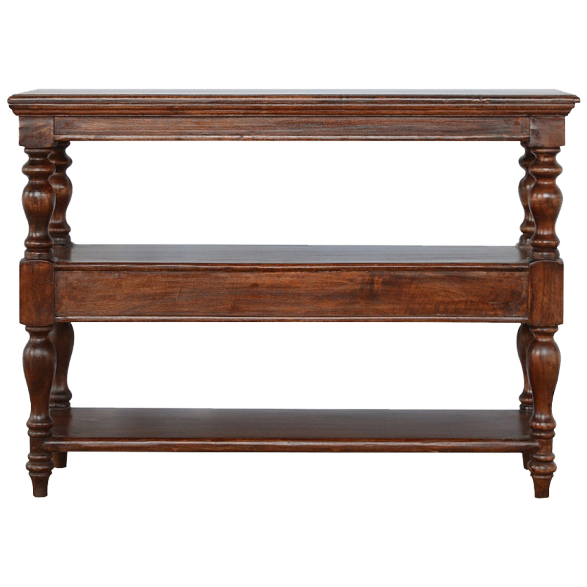 Artisan Furniture Solid Wood Turned Leg Console Table with Drawer & Shelves – Living Room Accent, Brown