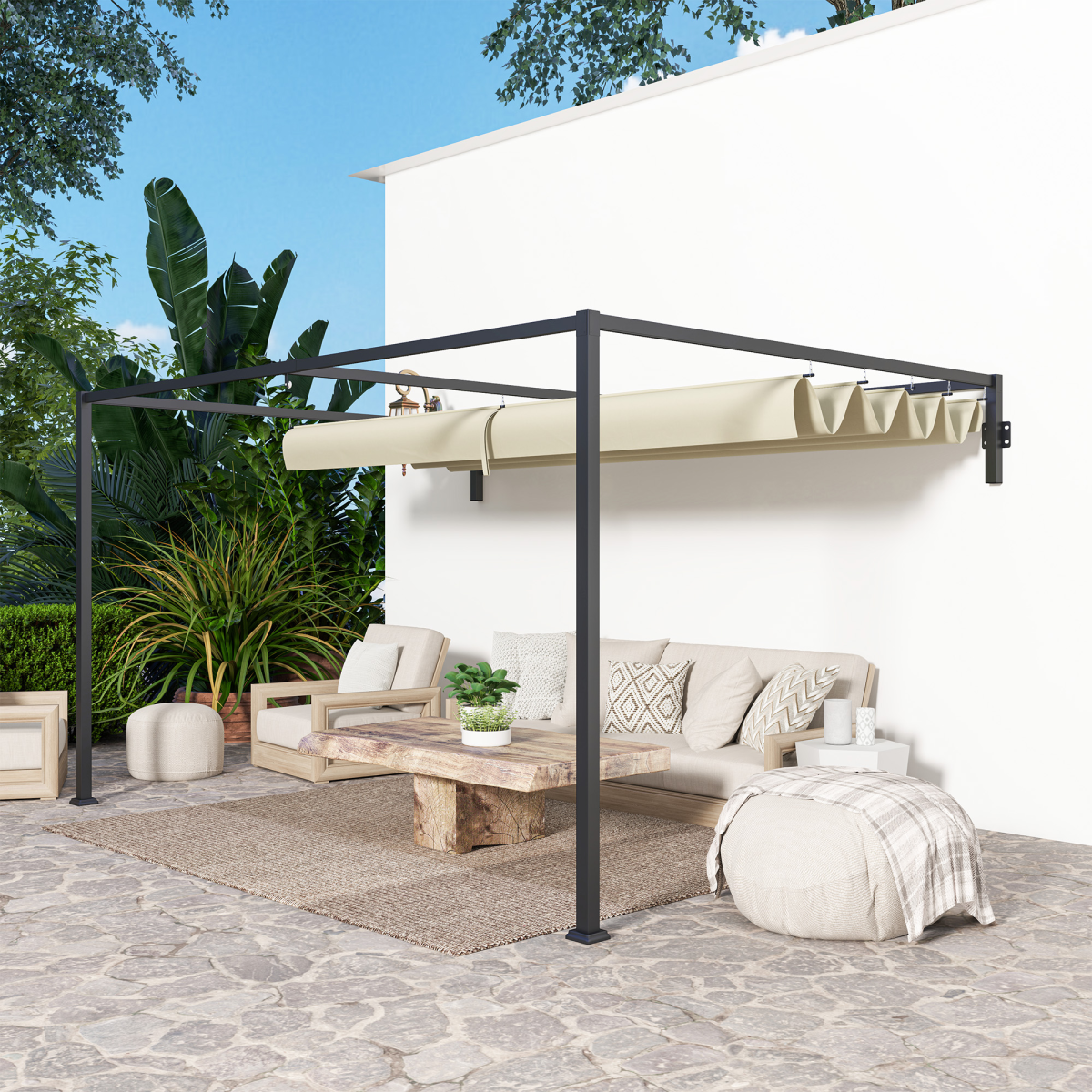 Outsunny 3x4m Wall-Mounted Pergola with Retractable Roof Canopy, UV-Resistant Polyester – Garden Shade, Khaki