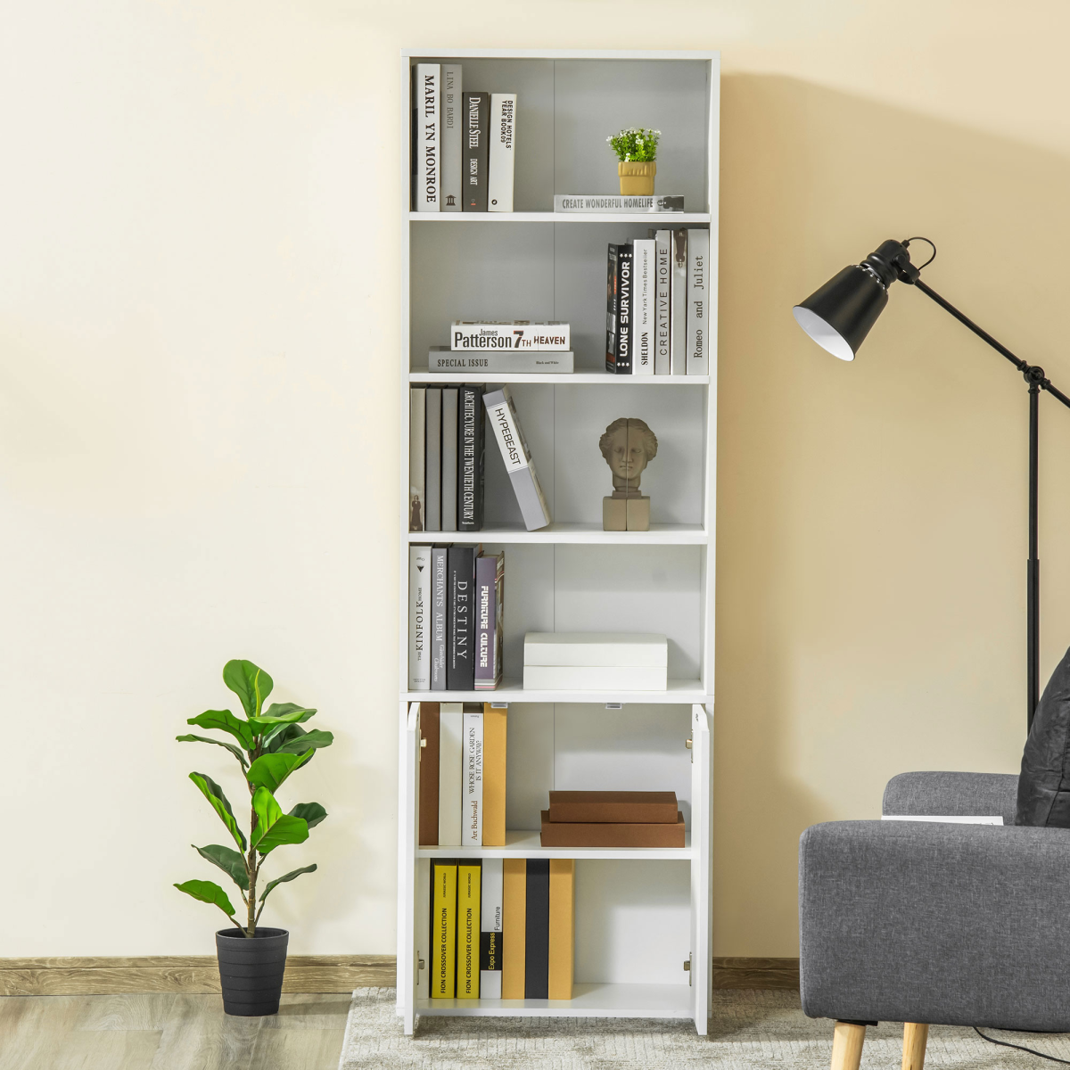 White 2-Door Bookcase Storage Cabinet with Open Shelves – Display Unit for Books and Ornaments