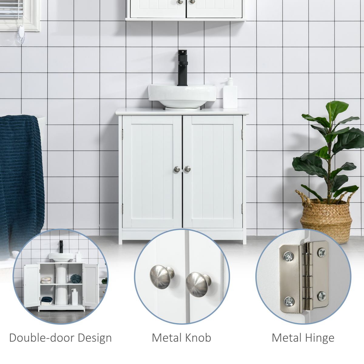 kleankin Under-Sink Storage Cabinet with Adjustable Shelf and Pipe Cut-Out – Bathroom Organiser, White