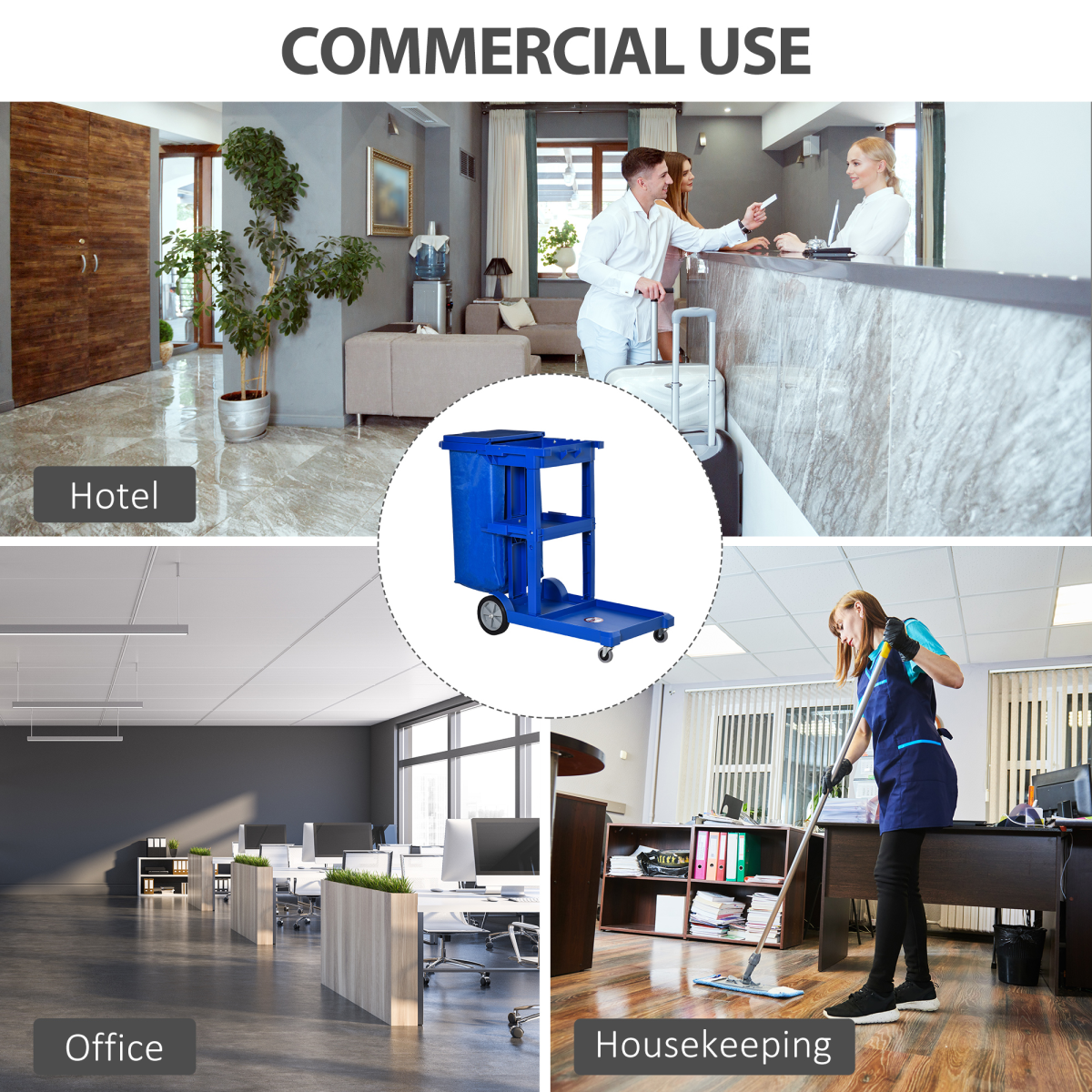 HOMCOM Housekeeping Cleaning Trolley with 3 Shelves, Lidded Bin Bag & Side Hooks – Blue