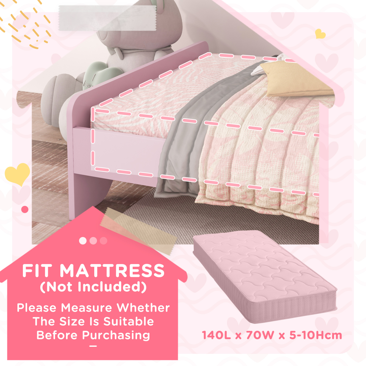 ZONEKIZ Toddler Bed Frame with Cat Design and Guardrails – Low Kids Bed for Ages 3–6, Pink